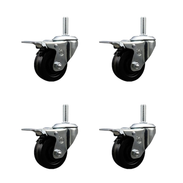3 Inch Phenolic Swivel 58 Inch Threaded Stem Caster Set with Total Lock Brake